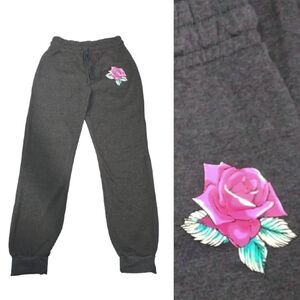 Common Stitch Grey Pink Rose Print Fleece Jogger Pants Small